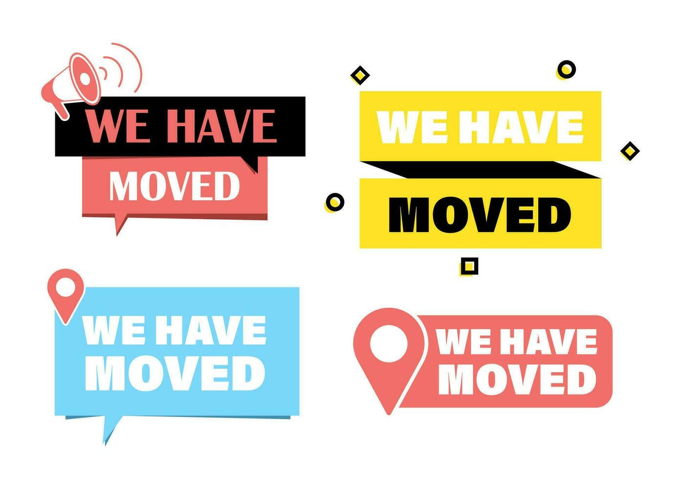 We have move sticker set. 4 different label with map point and loudspeaker vector