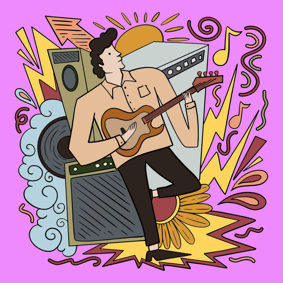 Hand drawn music doodle style illustration, 90s retro music party elements event poster vector