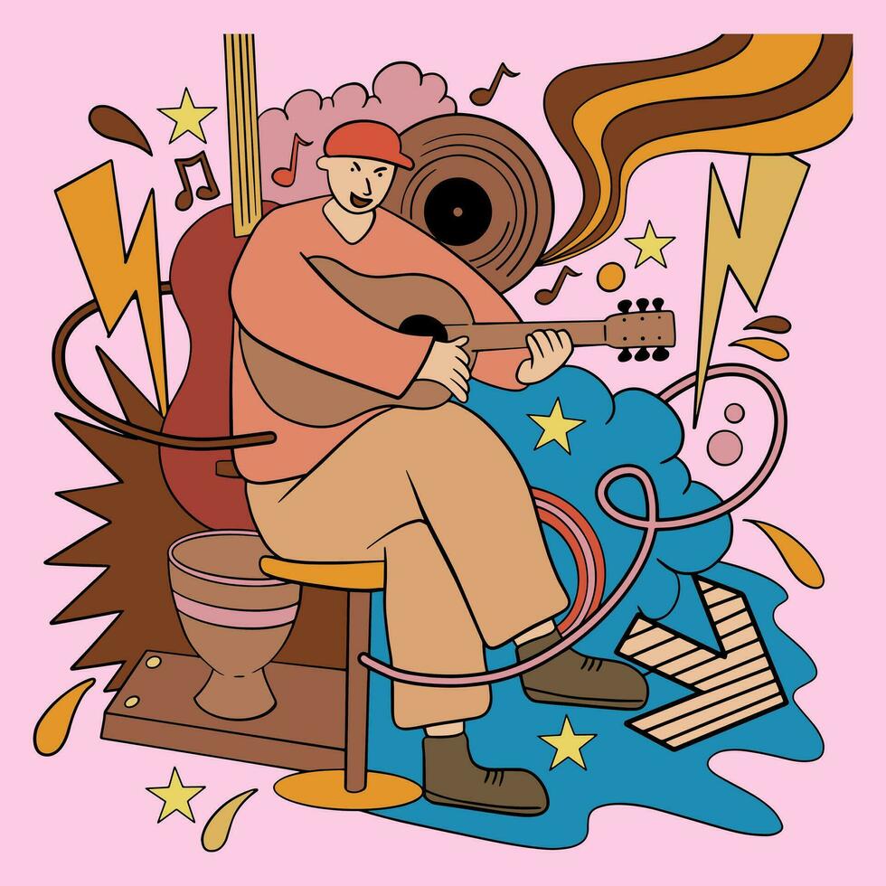 Hand drawn music doodle style illustration, 90s retro music party elements event poster vector