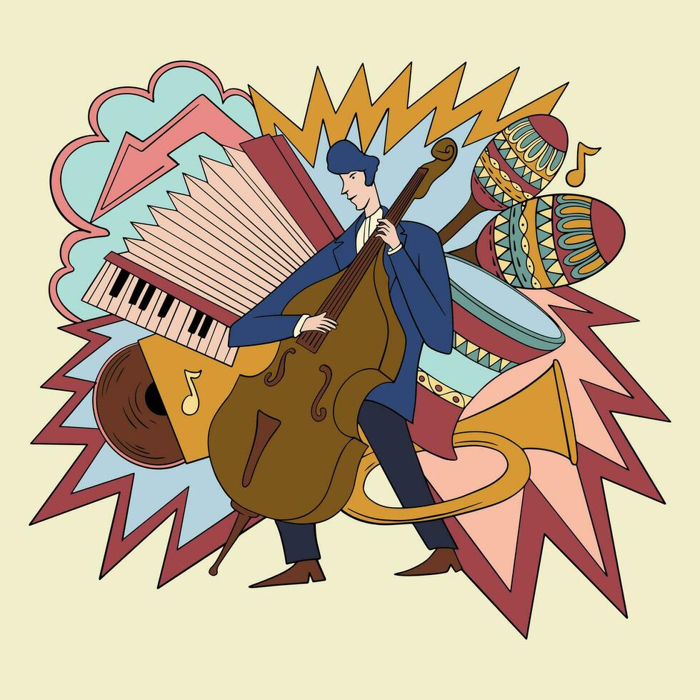 Hand drawn music doodle style illustration, 90s retro music party elements event poster vector