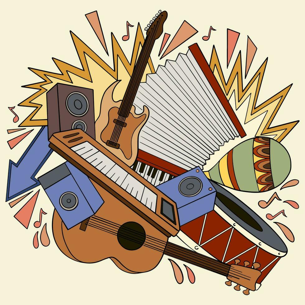 mano dibujado música garabatear estilo ilustración, 90s retro música fiesta elementos evento póster vector