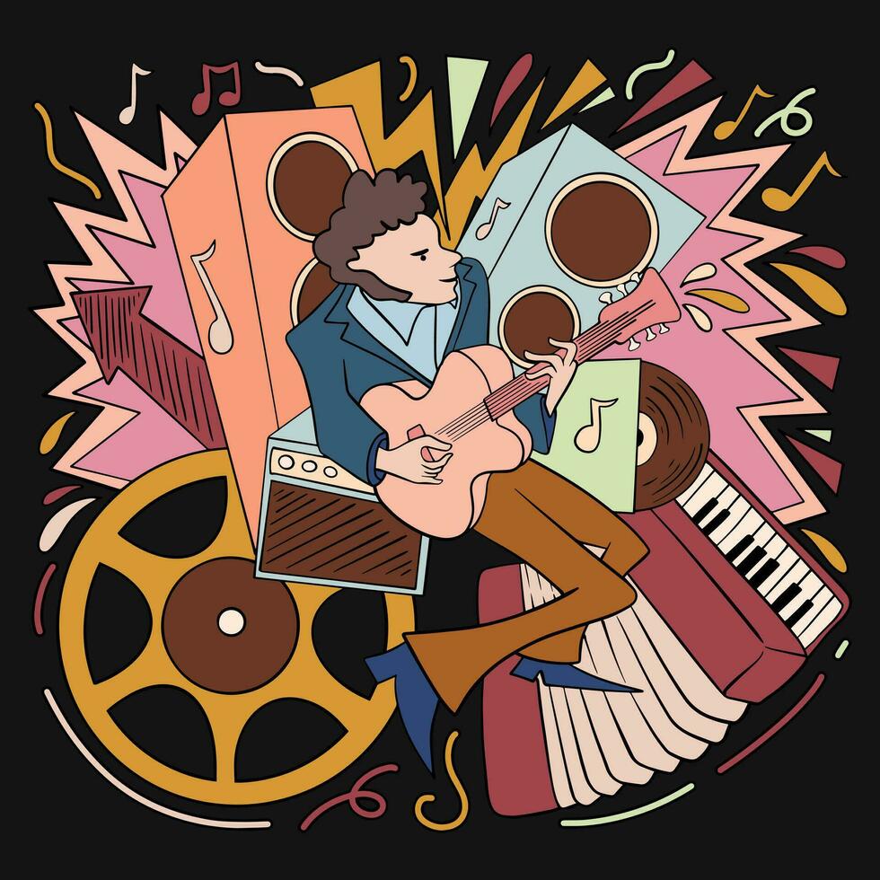 Hand drawn music doodle style illustration, 90s retro music party elements event poster vector