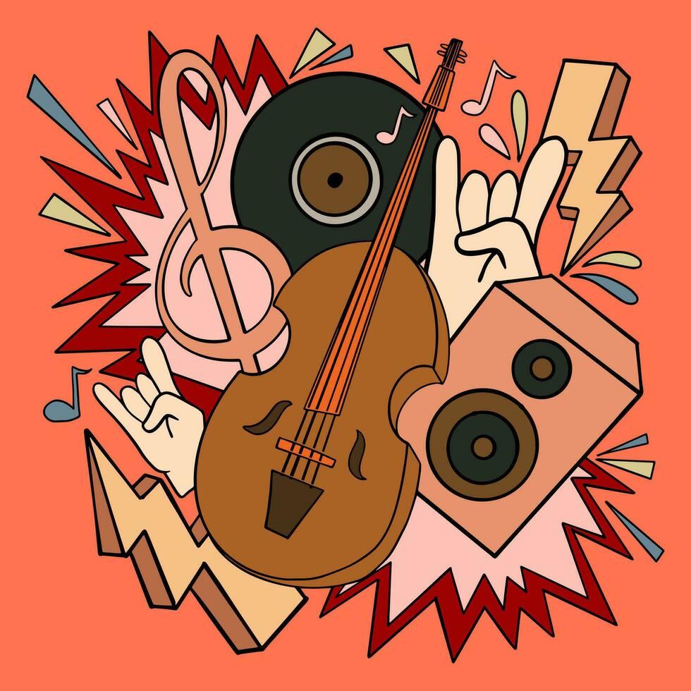Hand drawn music doodle style illustration, 90s retro music party elements event poster vector