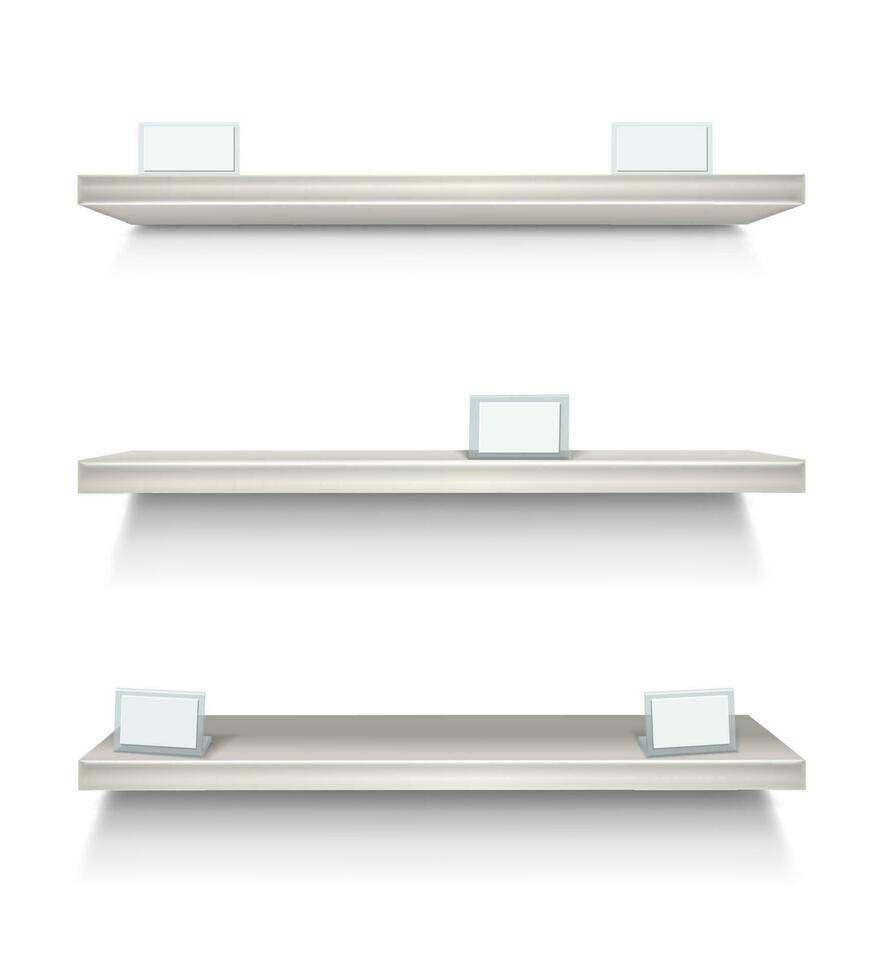 3d realistic vector white supermarket shelves on transparent background with spot light.