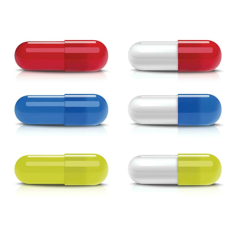 3d realistic vector collection of different colorful capsules. Icon isolated illustration on white background.