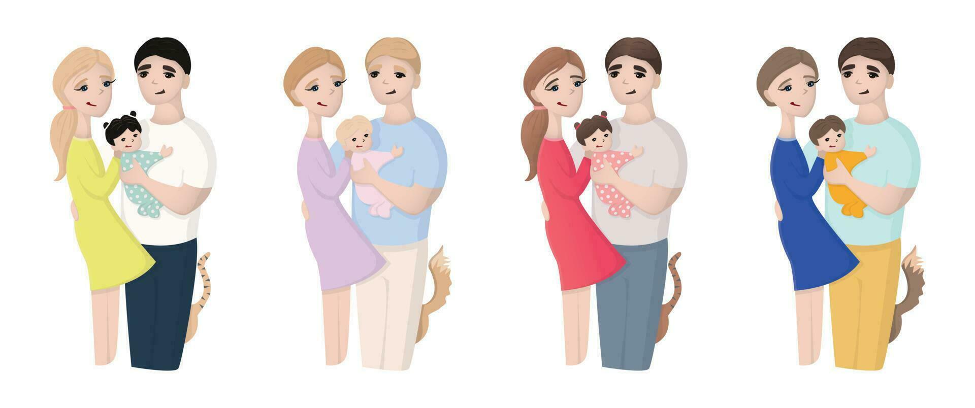Vector collection if flat cartoon style of family with child and dog or cat. Isolated on white.