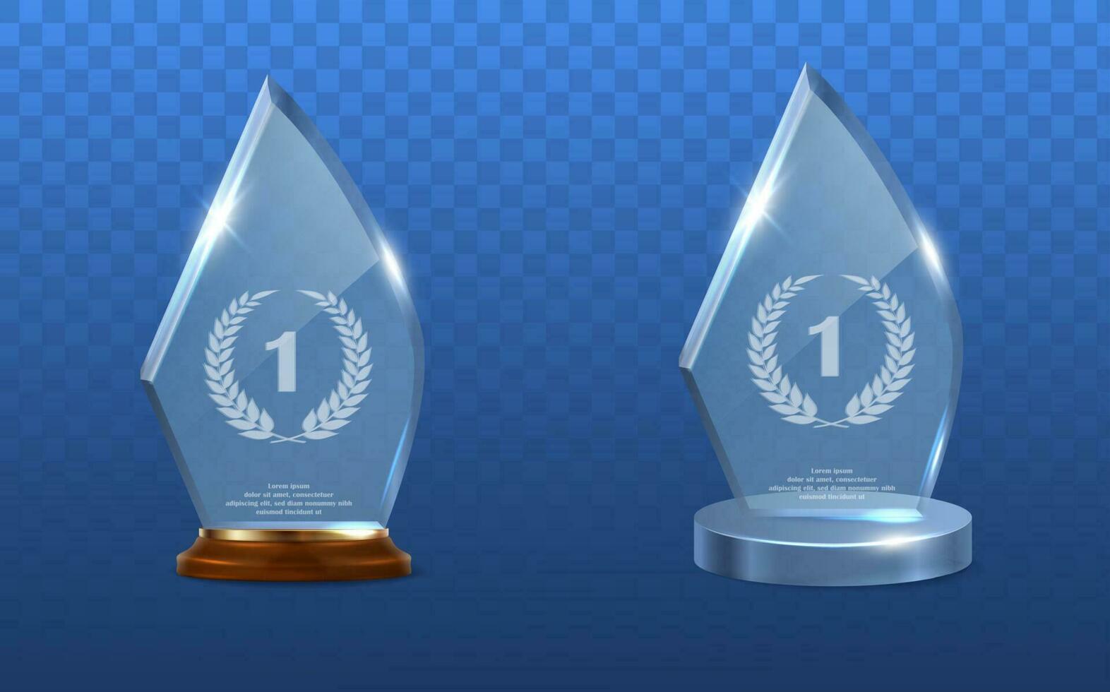 3d realistic vector icon set. Glass transparent trophy with crystal and wooden base.