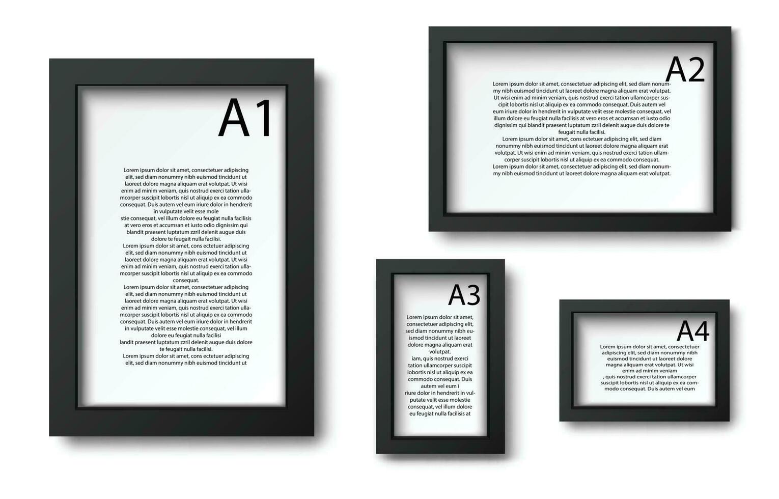 3d realistic vector collection picture frames in black. For presentation mock up, isolated on white background.
