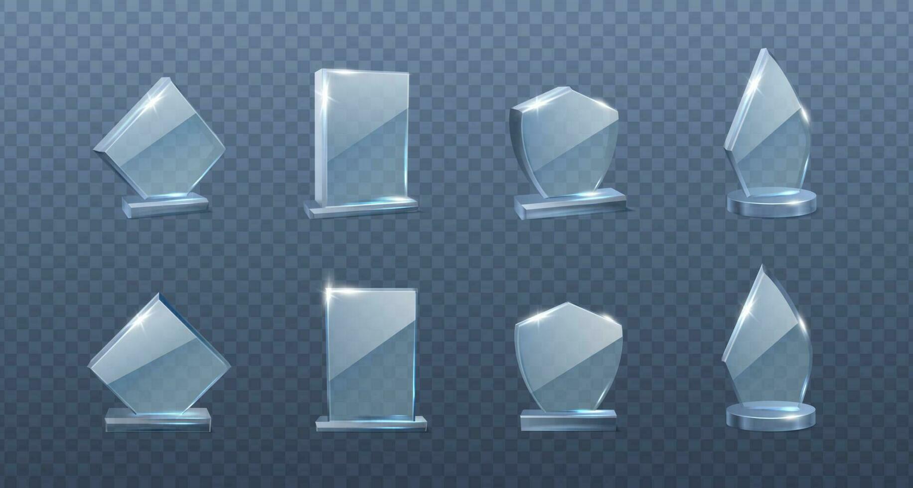 3d realistic vector icon set. Collection of different shapes bases glass crystal trophy.