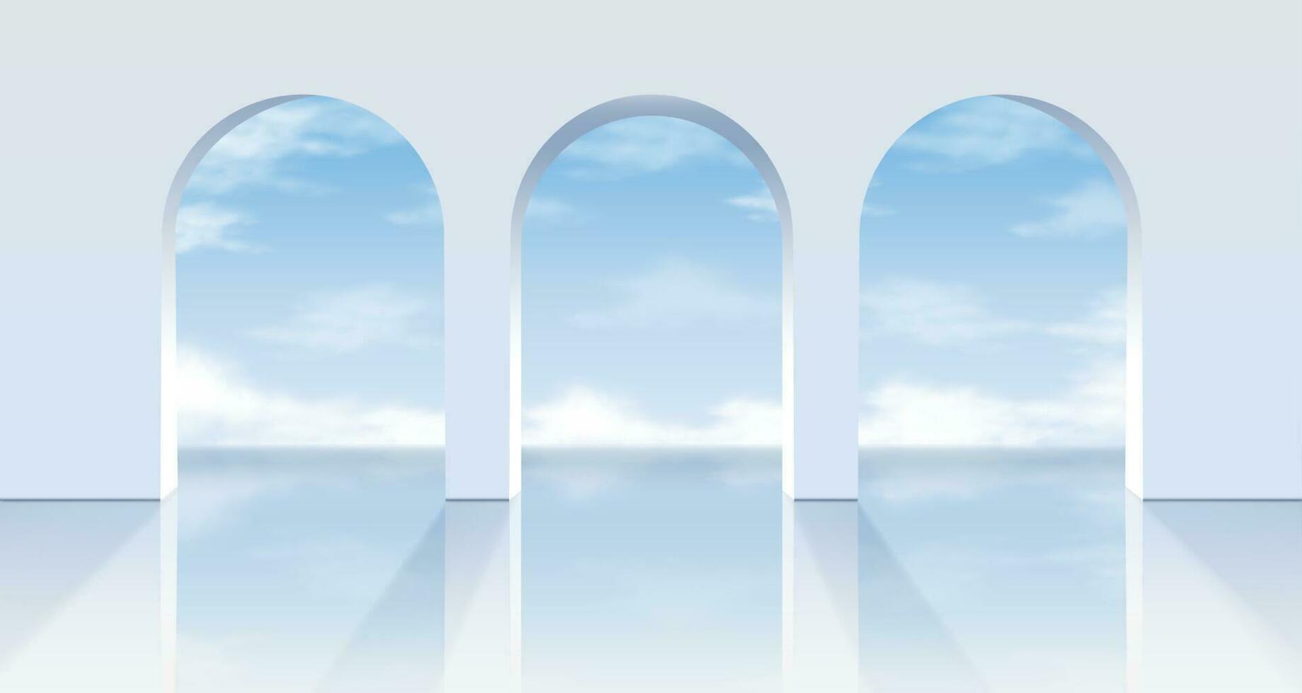 3d realistic vector white arches with a view on the blue sky.