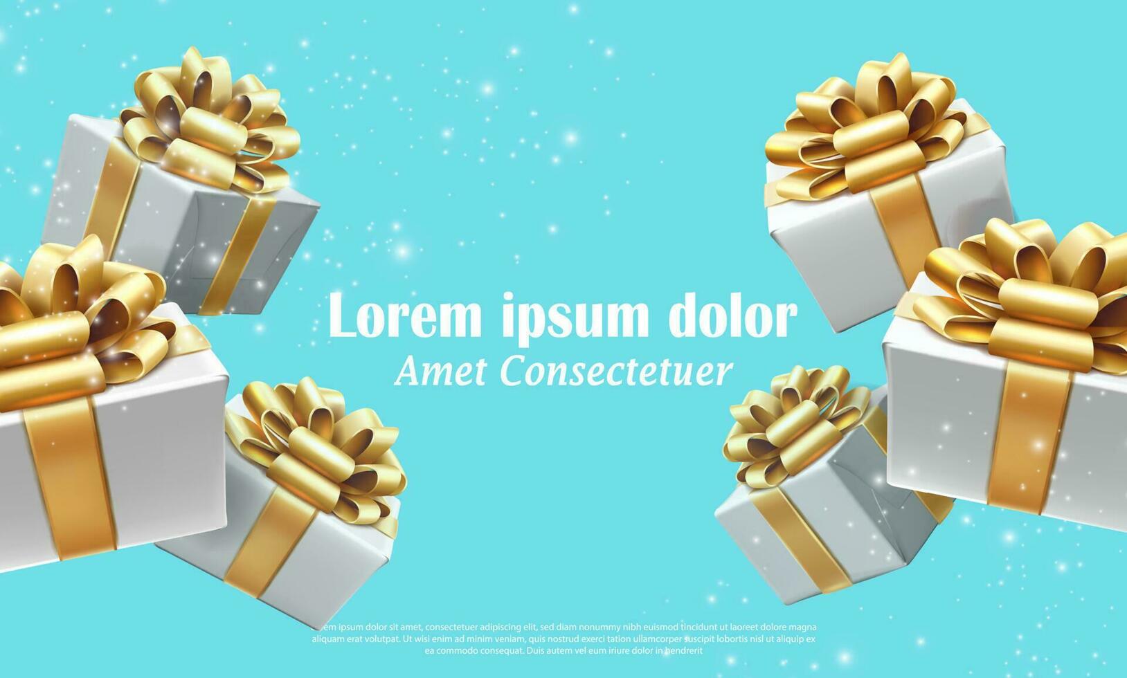 3d realsitic vector background. White gift boxes with golden ribbons and bows, presents banner adverticement flyer template. Blue wall with sparkles.