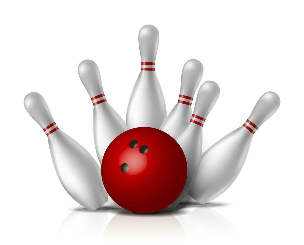 3d realistic vector bowling icon, isolated on white background, red ball with falling white keggels.