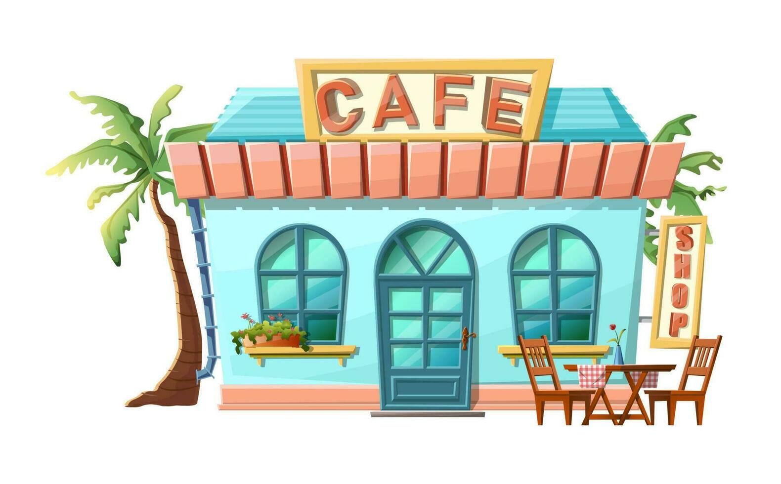 Vector cartoon style of cafe front  shop view. Isolated on white background with green palms, dinning table and chairs.