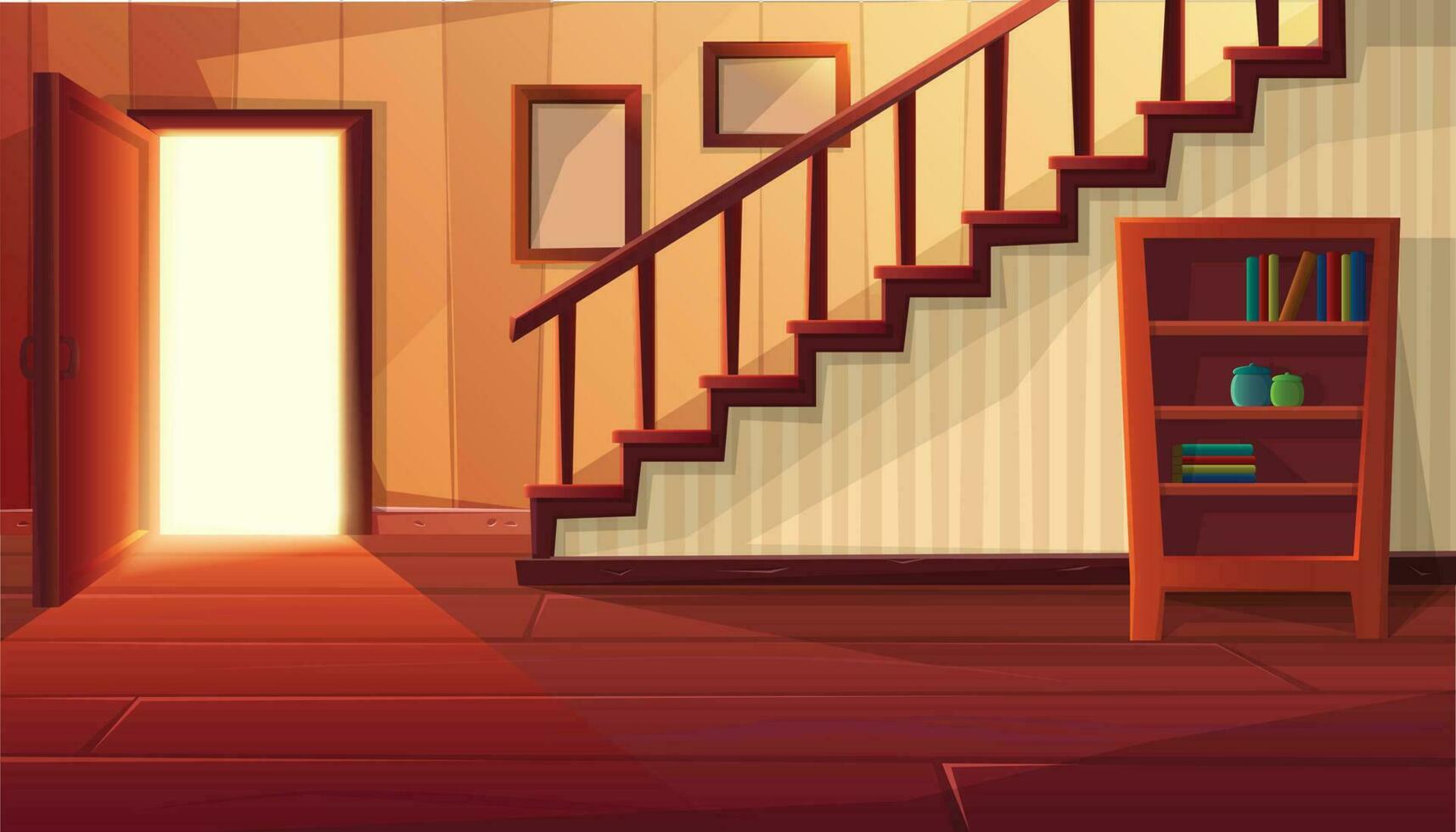 Vector cartoon style illustration of house interior. Entrance open door with stairs and rustic vintage furniture and wooden floor.