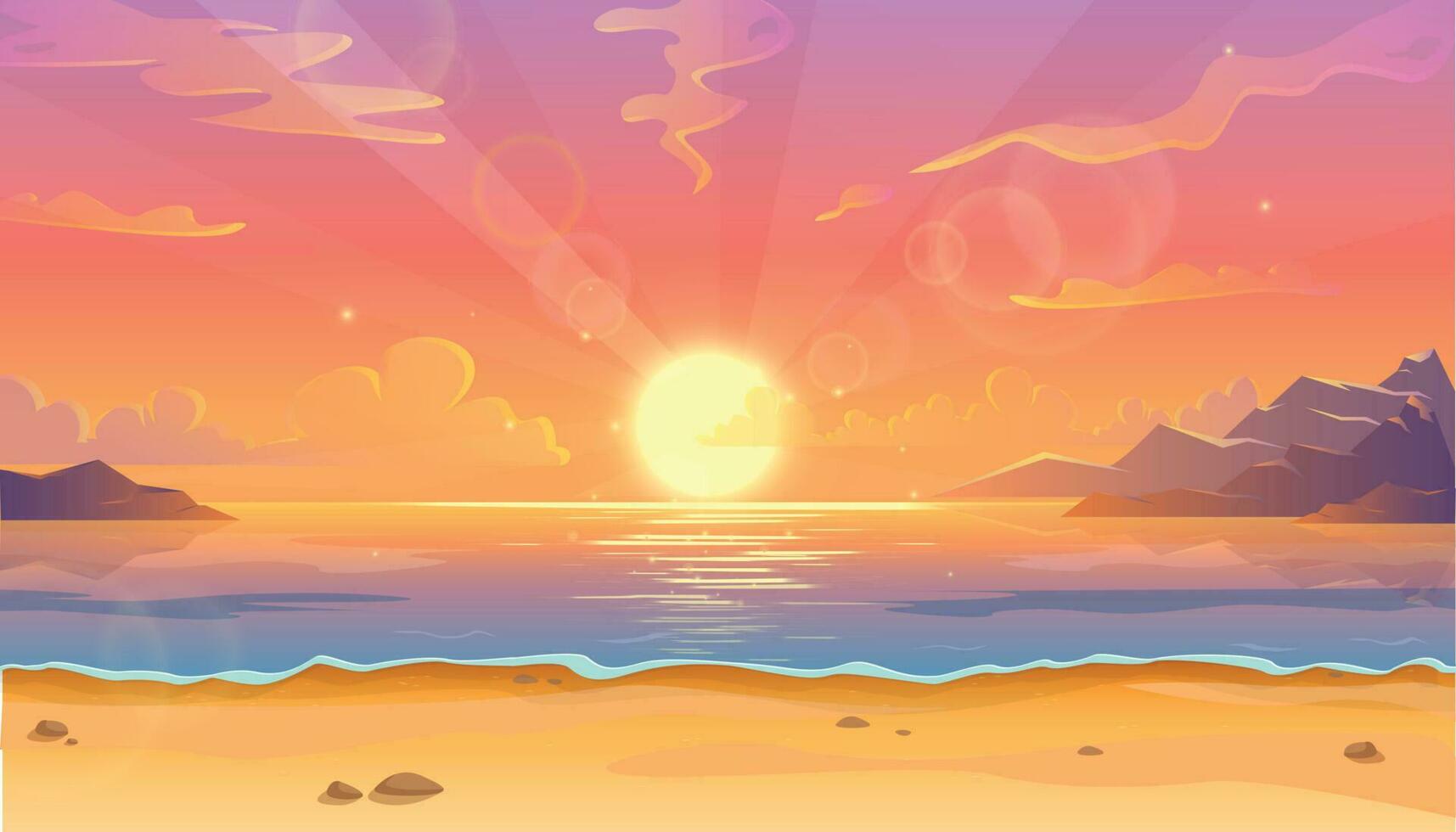vector dibujos animados ilustración de Oceano paisaje en puesta de sol o amanecer con hermosa rosado cielo y Dom reflexión terminado el agua. hermosa naturaleza con playa.