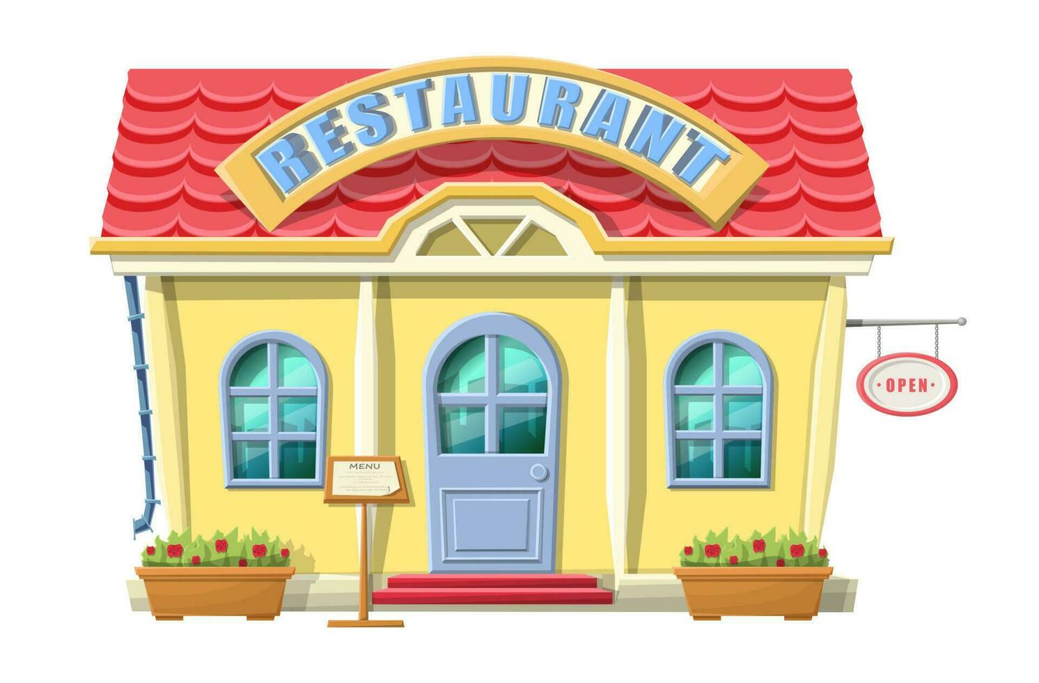 Vector cartoon style restaurant  front view. Isolated on white background with green trees and bushes. Cartoon mansion, house.