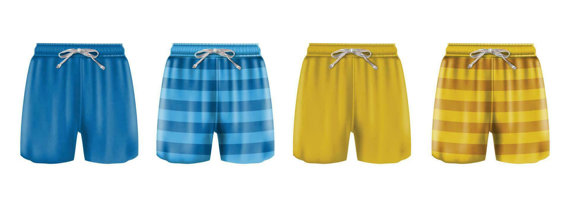 3d realistic vector collection of man boxers swimsuit in stripes or blue and orange. Isolated on white background.