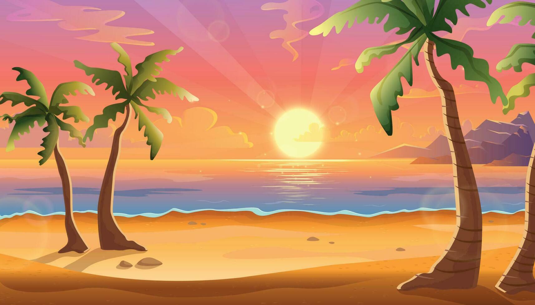 Vector cartoon illustration of ocean landscape in sunset or sunrise with beautiful pink sky and sun reflection over the water. Beautiful nature with palm trees and beach.