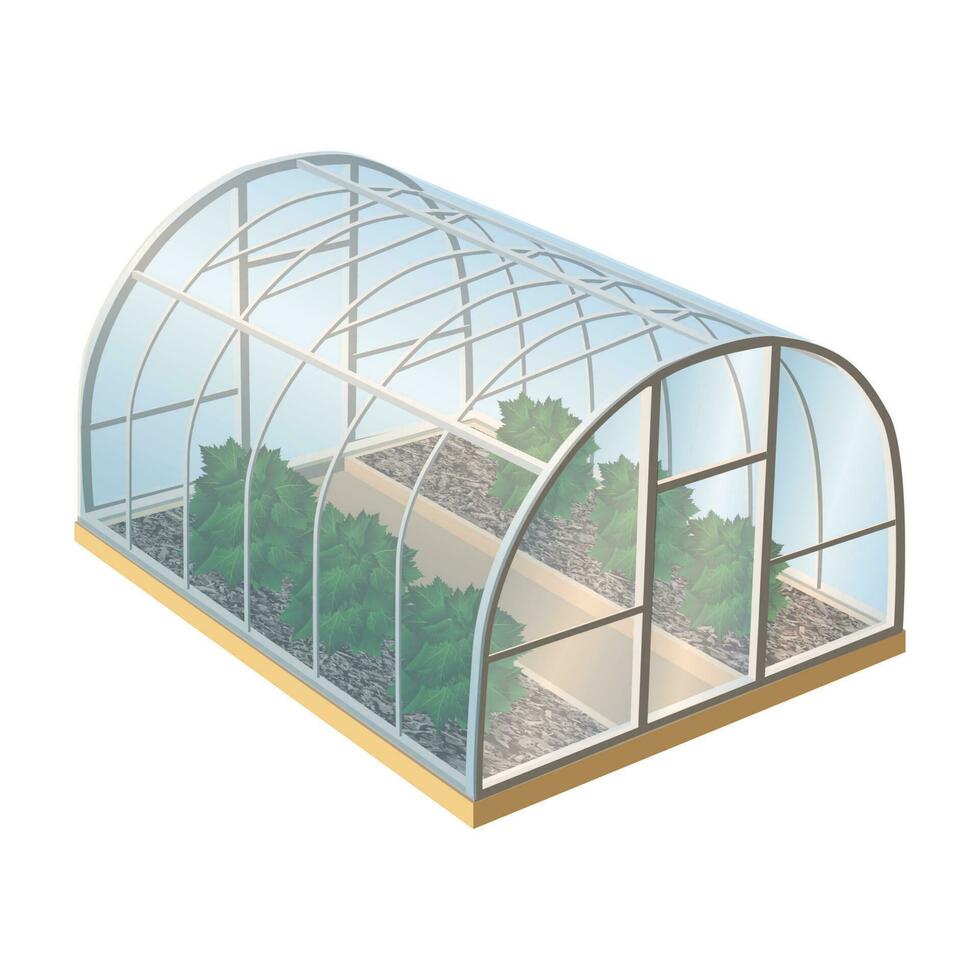 Isometric 3d realistic vector greenhouse with plants and glass. Isolated illustration icon on white background.