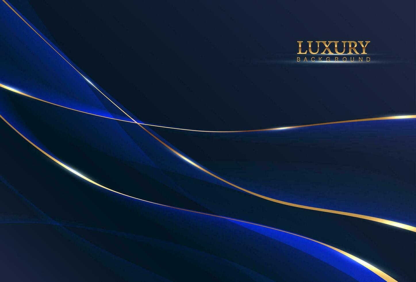 Blue abstract luxury background with wavy fabric and golden ribbon shiny lines. vector