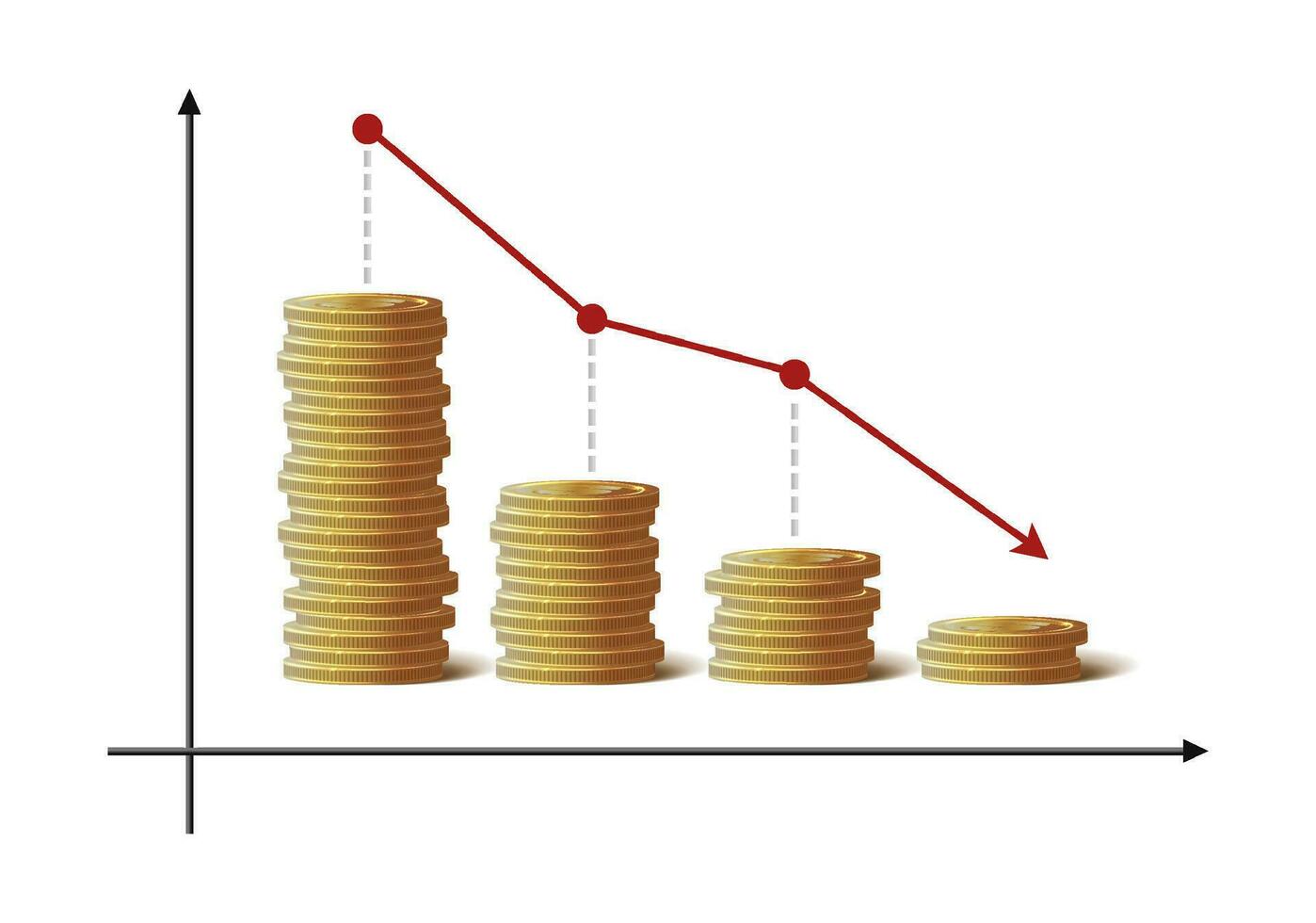 3d realistic icon. Gold coins chart going down. vector