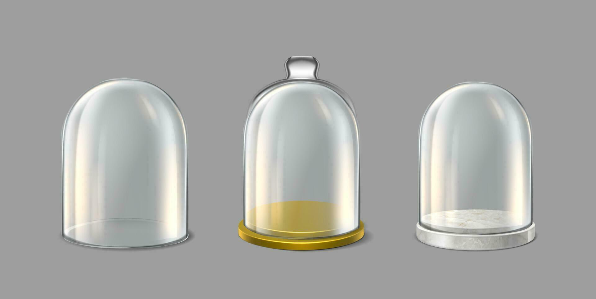 Collection of glass domes on the golden tray, marble and without. 3d realistic vector icon.  Transparent protective cover. Snow globe, souvenir or kitchen glassware.