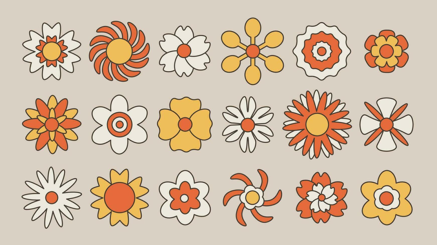 Retro groovy flowers 60s set vector