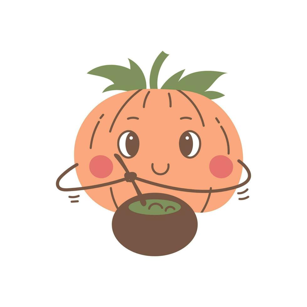 Pumpkin Character brews witchcraft potion vector