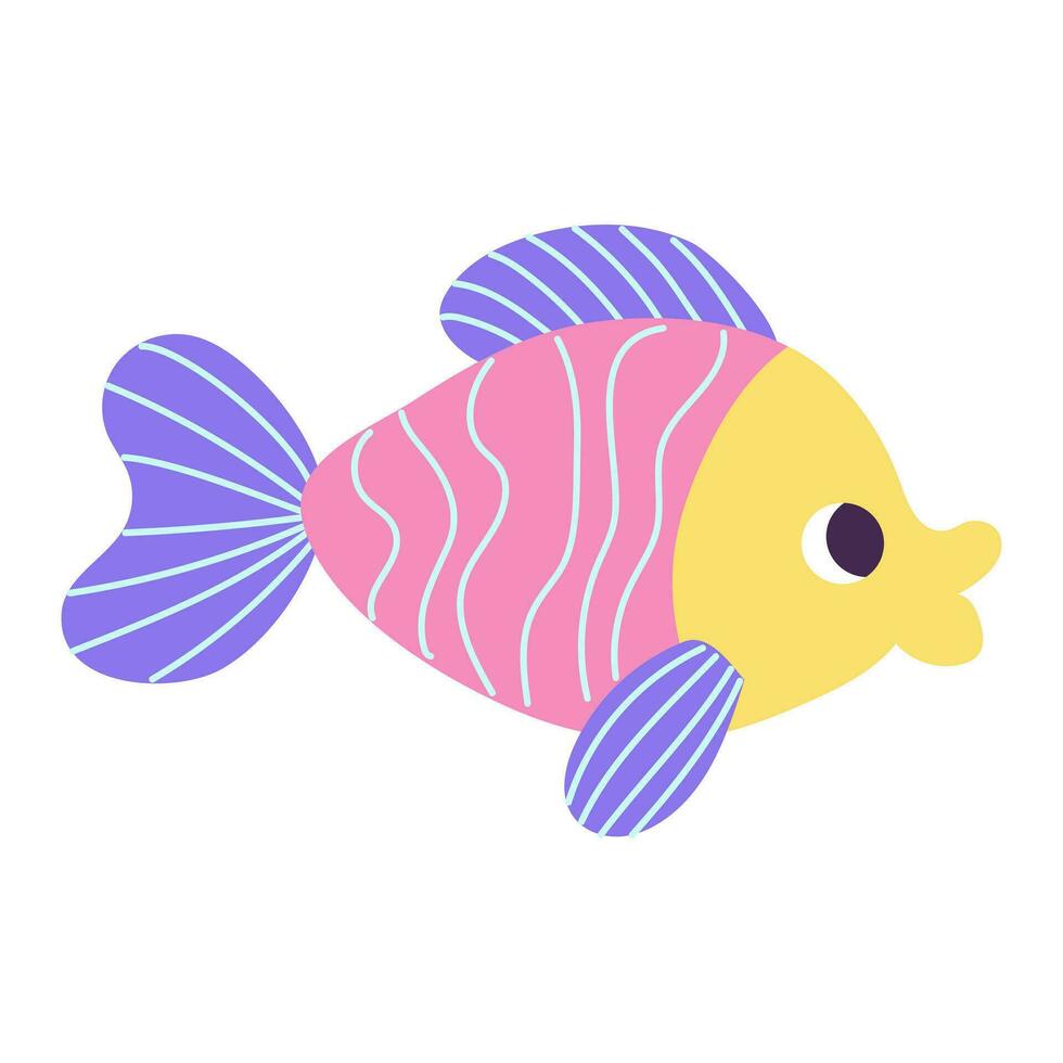 Isolated cartoon yellow purple pink marine fish with lines in hand drawn flat style on white background. vector