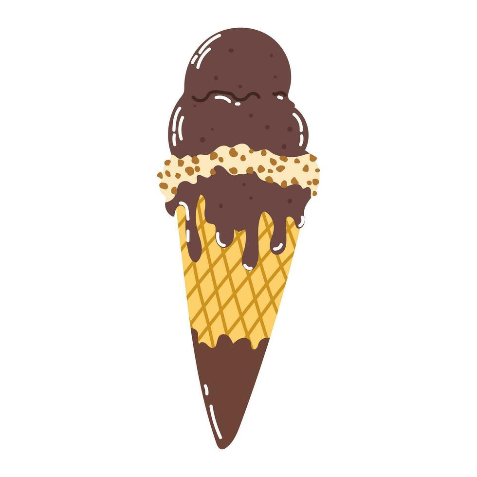 Isolated cartoon colorful ice cream in a waffle cone with chocolate liquid three ball sprinkled nuts in flat vector style on white background. Summer food.