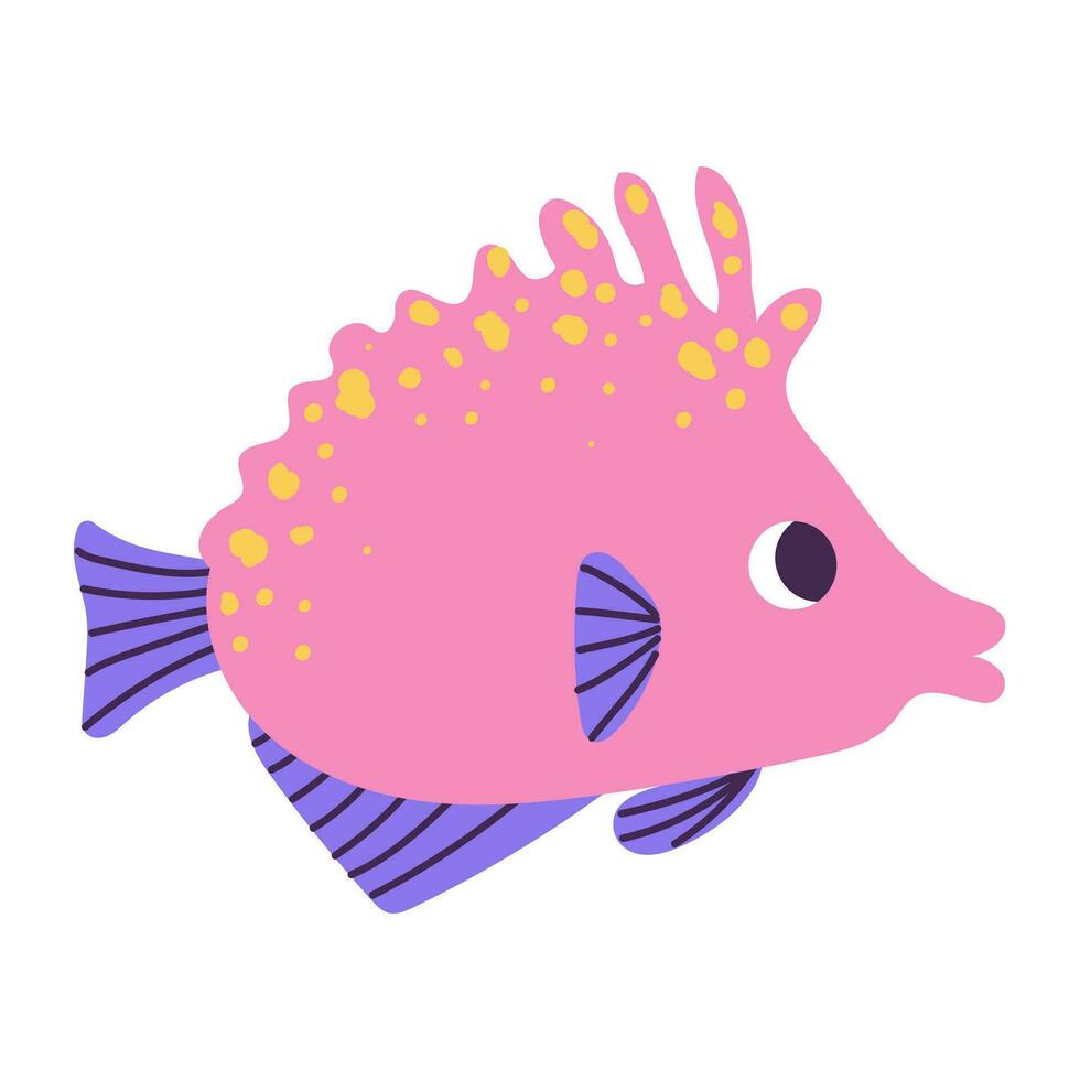 Isolated cartoon pink purple marine fish with yellow spots in hand drawn flat style on white background. vector