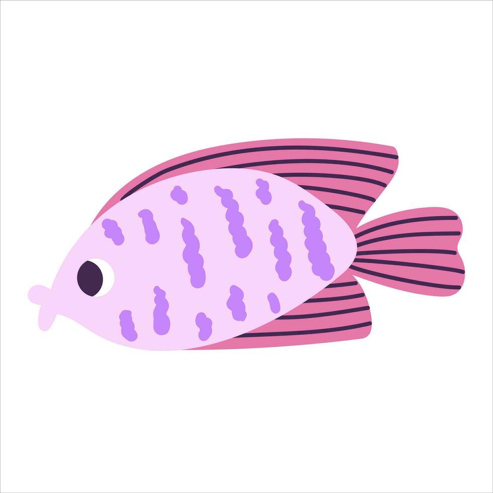 Isolated cartoon purple pink marine fish with blobs in hand drawn flat style on white background. vector