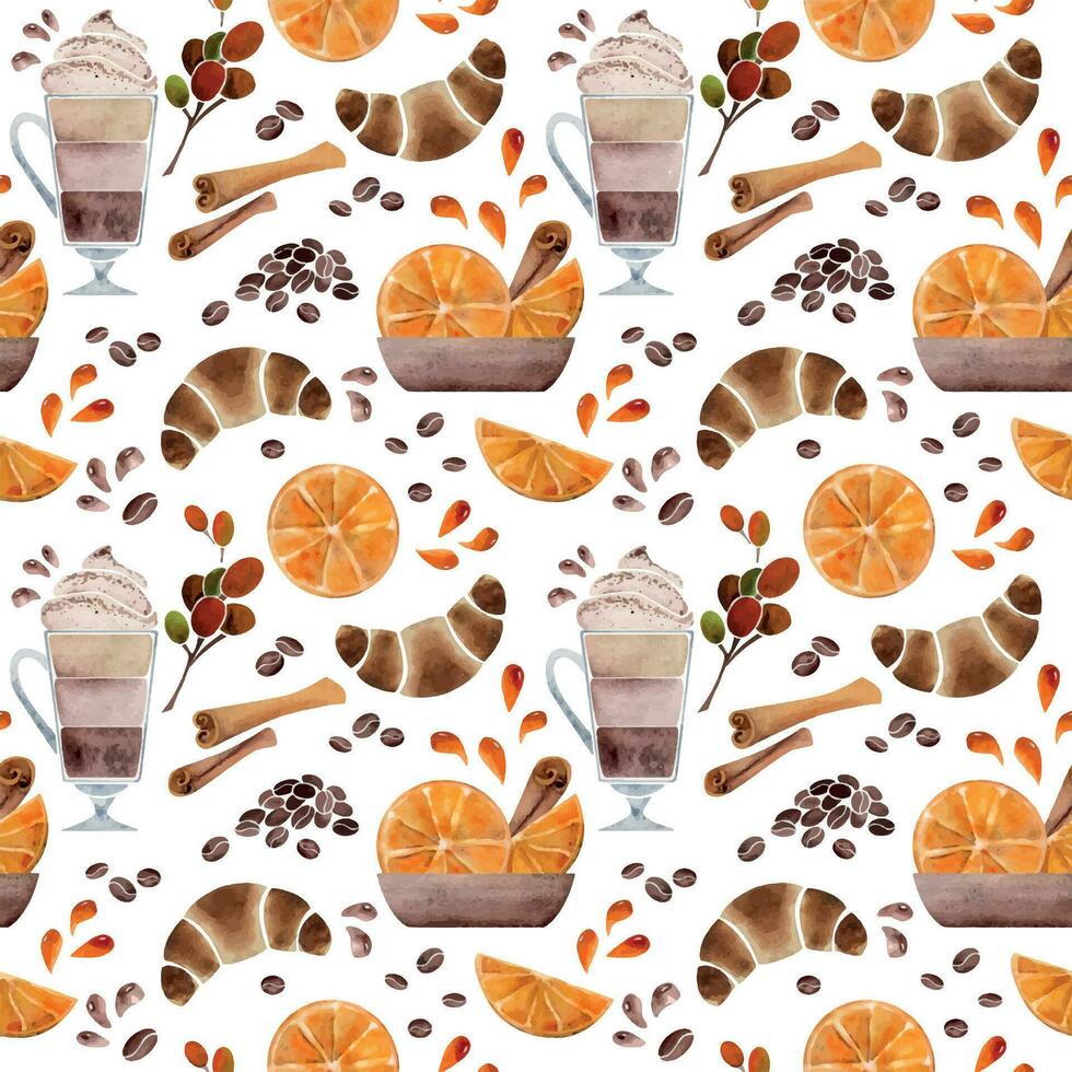 Watercolor hand drawn seamless pattern with coffee cups, beans, orange, cinnamon, croissant, bags. Isolated on white background. For invitations, cafe, restaurant food menu, print, website, cards vector