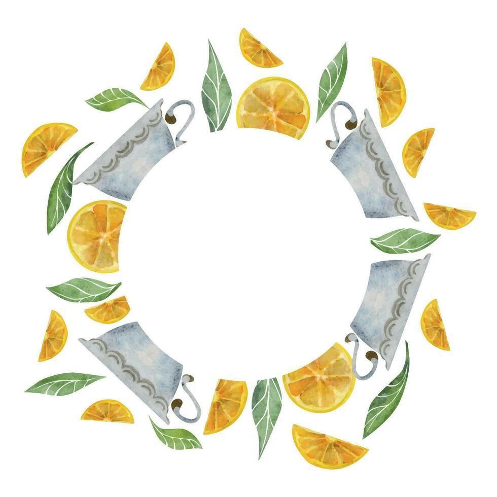 Watercolor hand drawn illustration. Tea porcelain pot cups lemon green leaves. Round wreath frame. Isolated on white background. For invitations, cafe, restaurant food menu, print, website, cards vector
