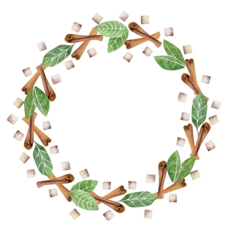 Watercolor hand drawn circle frame wreath with coffee leaves, beans, sugar cubes, cinnamon stick spice. Isolated on white background. For invitations, cafe, restaurant food menu, print, website, cards vector