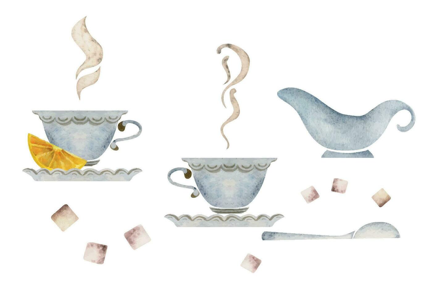 Watercolor hand drawn illustration. Porcelain tea cups with saucers, sugar cubes, lemon slices, creamer. Isolated on white background For invitations, cafe, restaurant food menu, print, website, cards vector