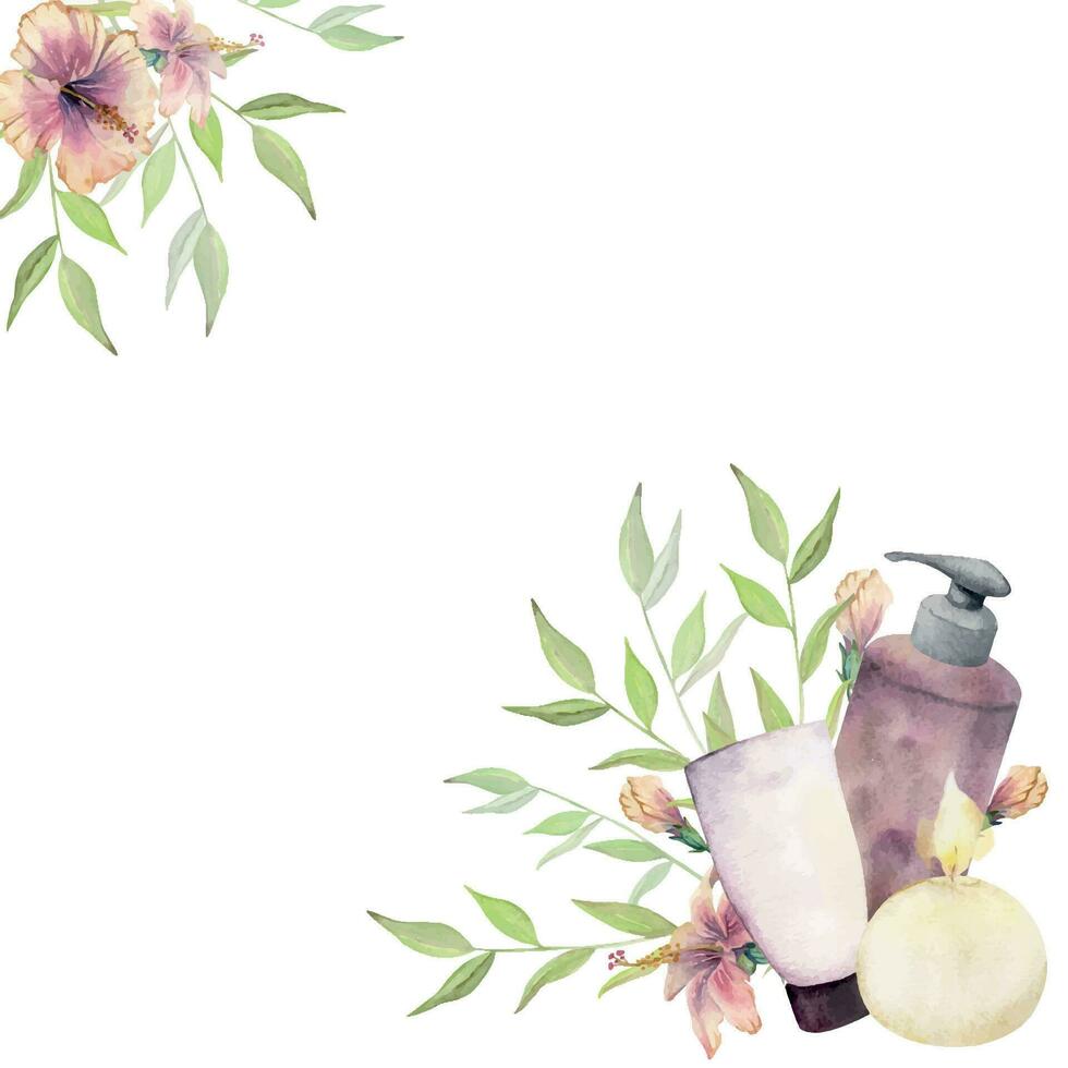 Hand drawn watercolor spa skincare bath beauty products package with flowers and leaves. Frame border. Isolated on white background. Design for wellness resort, print, fabric, cover, card, booklet. vector