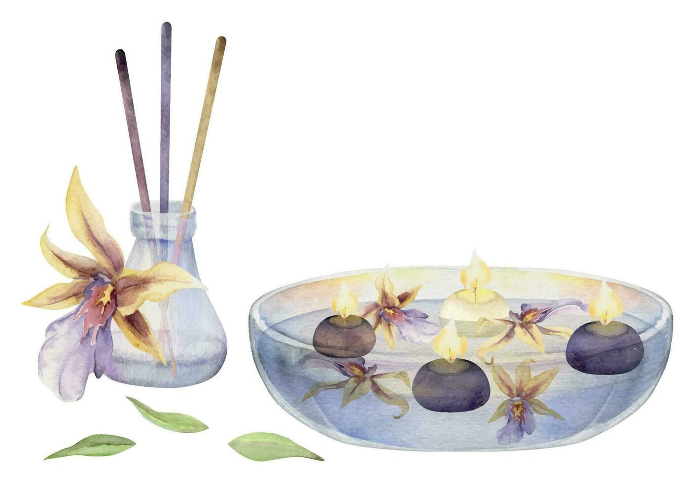 mano dibujado acuarela spa y bañera belleza productos accesorios flotante velas horizontal composición. aislado en blanco antecedentes. diseño para bienestar complejo, imprimir, tela, cubrir, tarjeta, folleto. vector