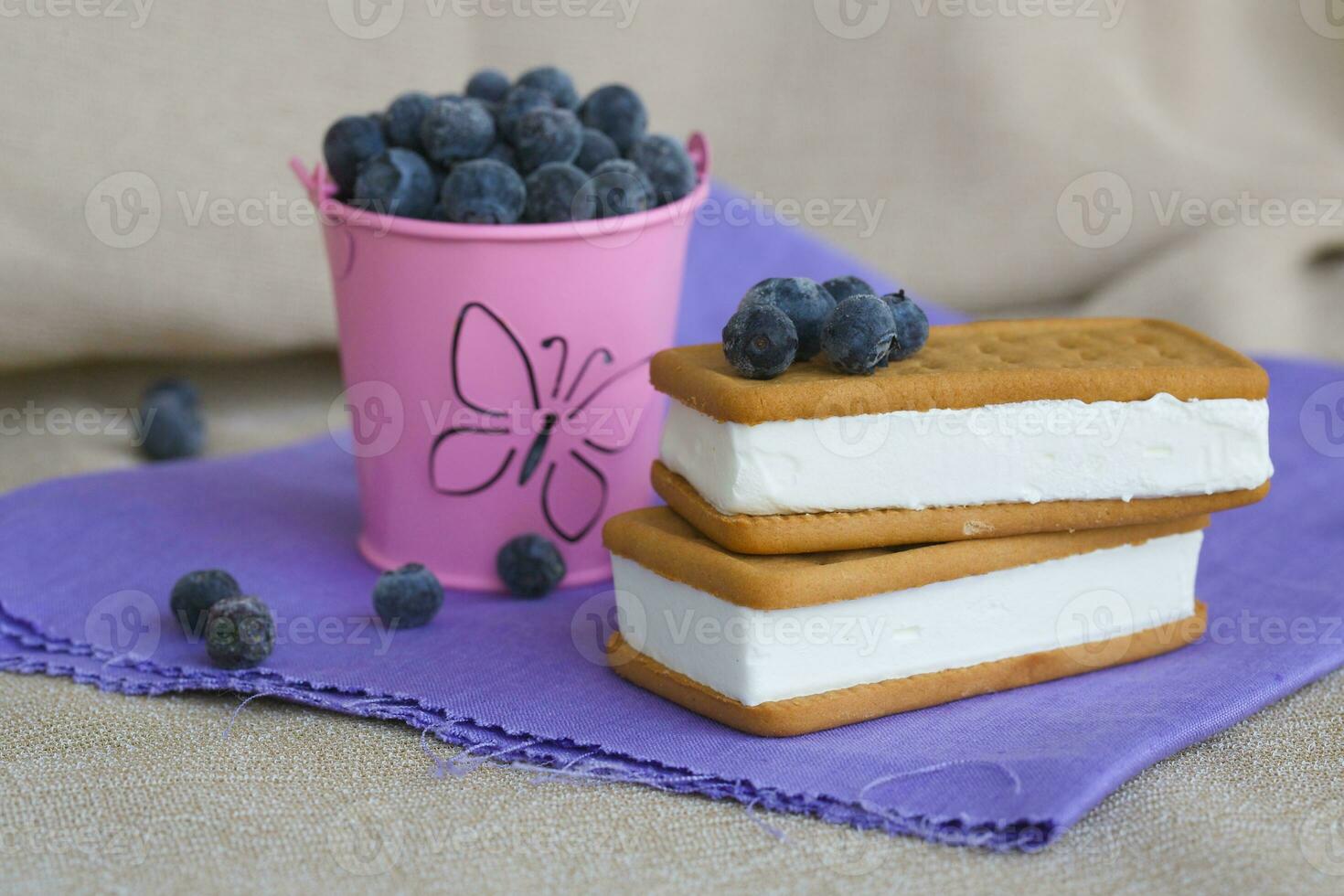 Sandwich ice cream with blueberries photo