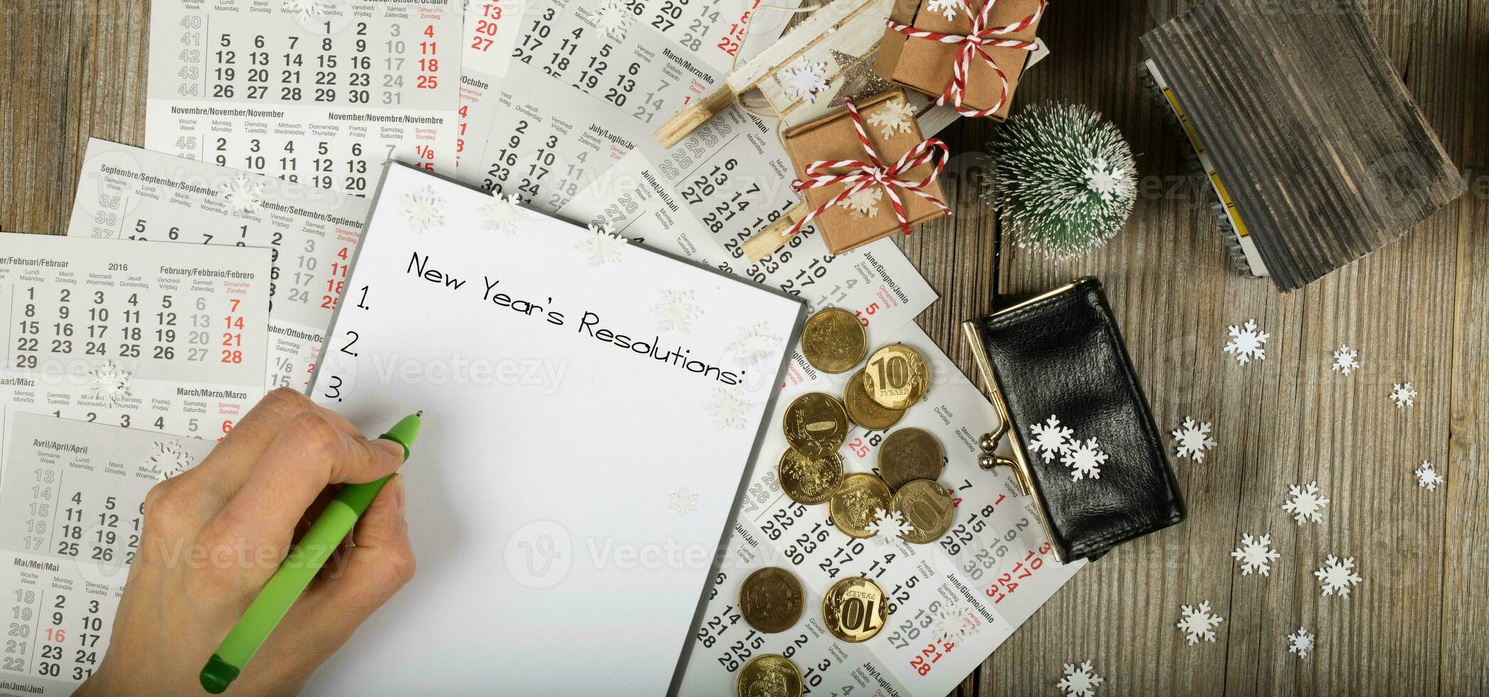 New Year's Resolutions. Small purse with coins on the New Year's background. photo