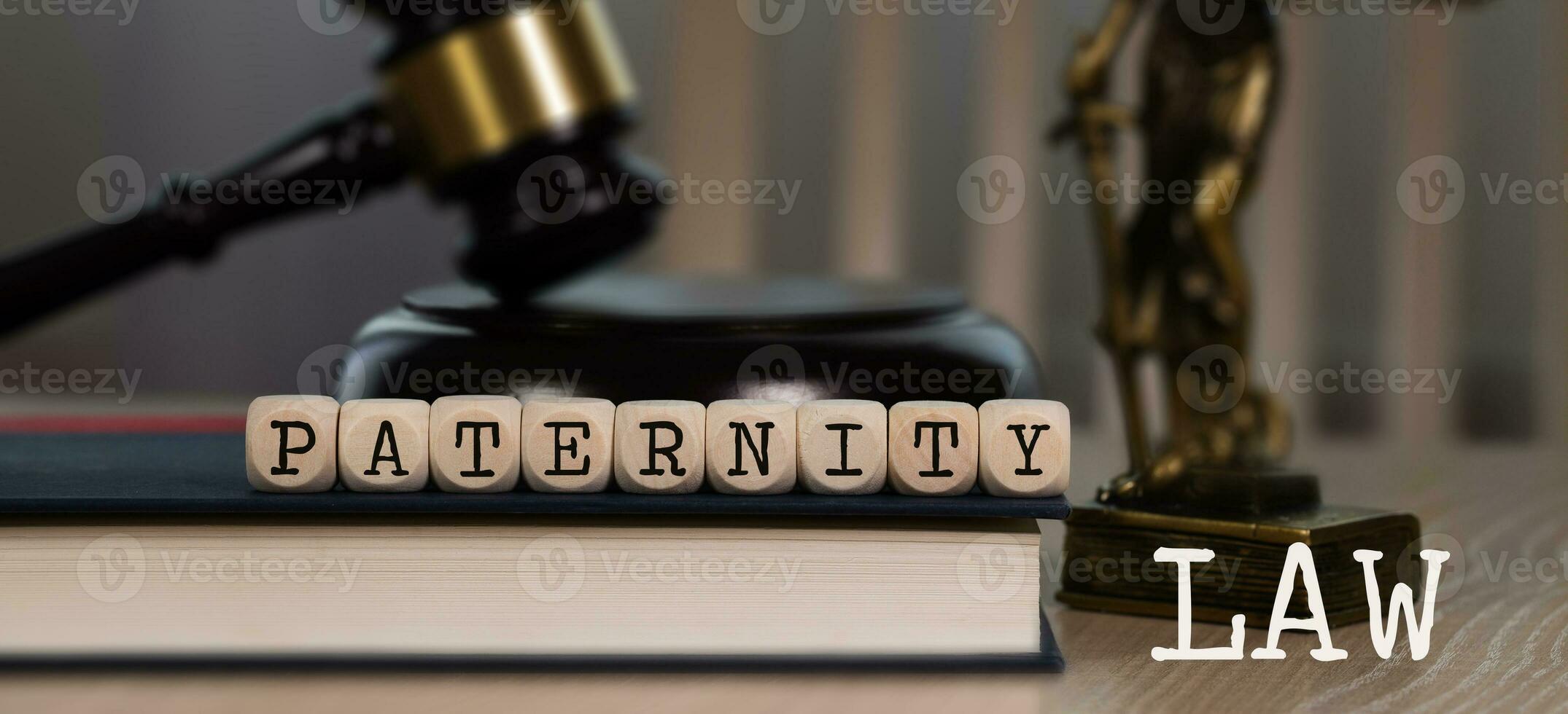 Words PATERNITY LAW  composed of wooden dices. Wooden gavel and statue of Themis in the background. photo