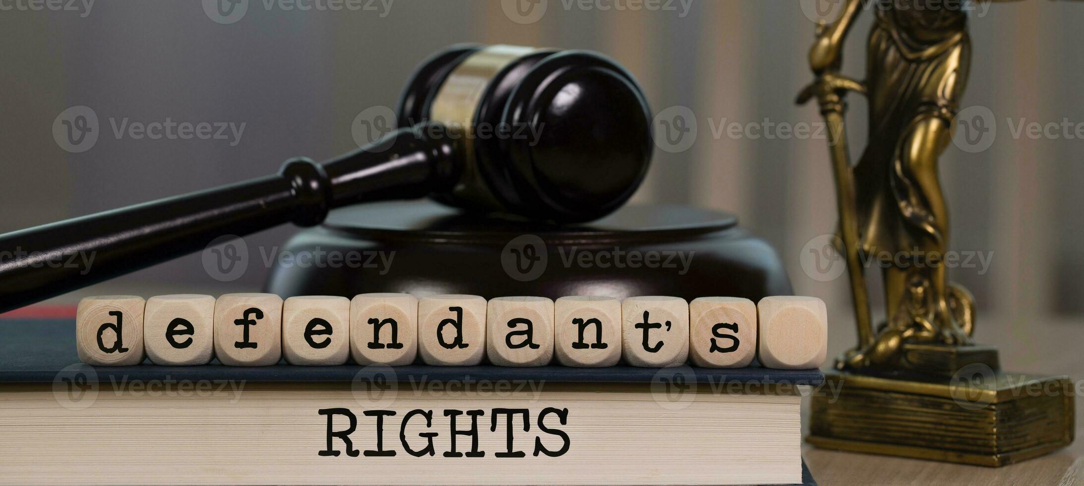 Words DEFENDANT'S RIGHTS composed of wooden dices. Wooden gavel and statue of Themis in the background. photo