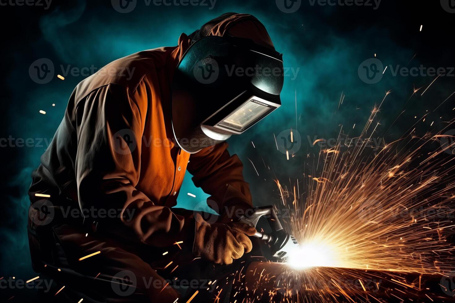 Welder Wearing Welding Gear with Sparks A Skilled Welder in the Industrial Setting with Bokeh and Sparkle Background, photo