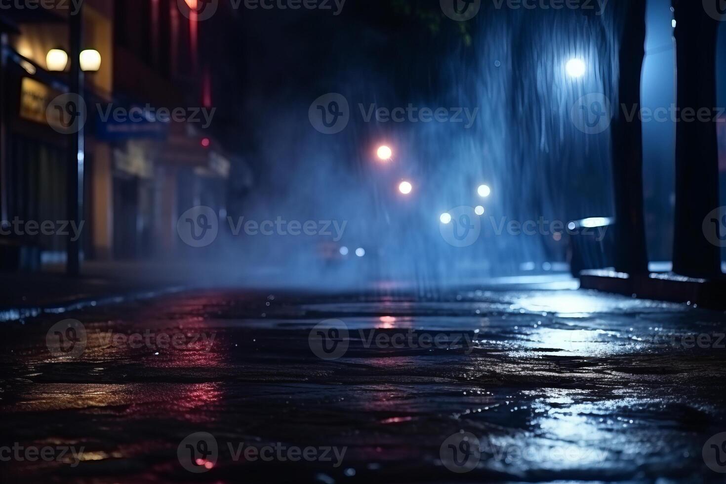 Dark urban night Abstract light reflections on wet asphalt, neon lights, searchlight, and smoke in an empty street photo