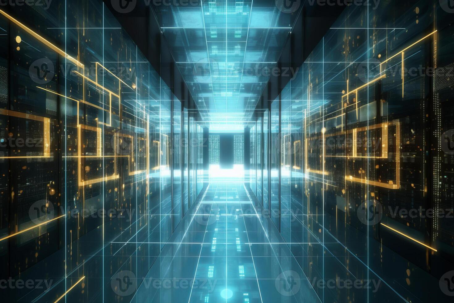 modern server room with blue lights and blue lines, super computer room, data warehouse, computer data storage, empty data server room style of digital photo