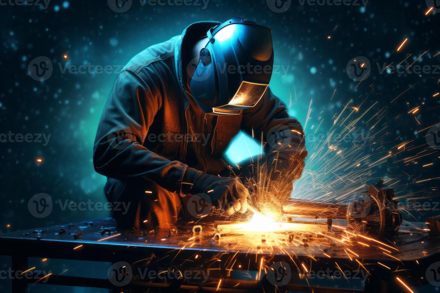 Welder Wearing Welding Gear with Sparks A Skilled Welder in the Industrial Setting with Bokeh and Sparkle Background, photo