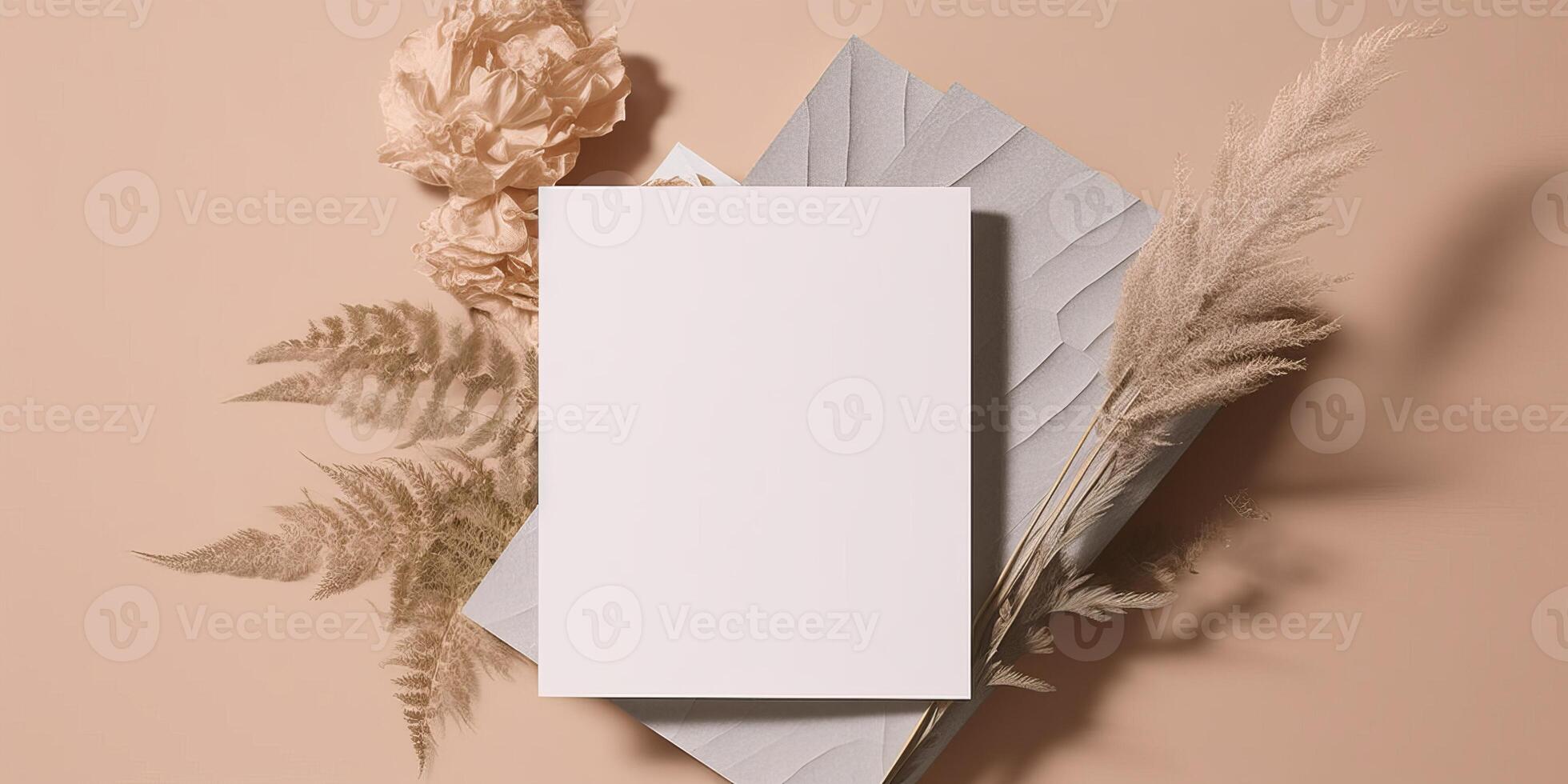 Mockup Paper Wedding Invitation Boho Minimal Style Greeting Card for Wedding Invitations and Birthday Stationery. Top View Flat Lay Copyspace. photo