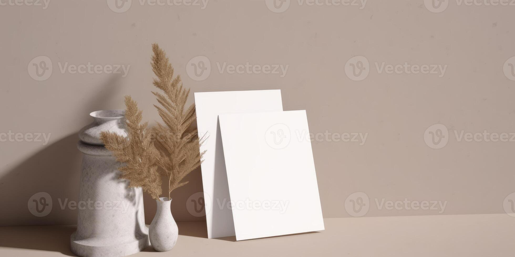 Mockup Paper Wedding Invitation Boho Minimal Style Greeting Card for Wedding Invitations and Birthday Stationery. Top View Flat Lay Copyspace. photo
