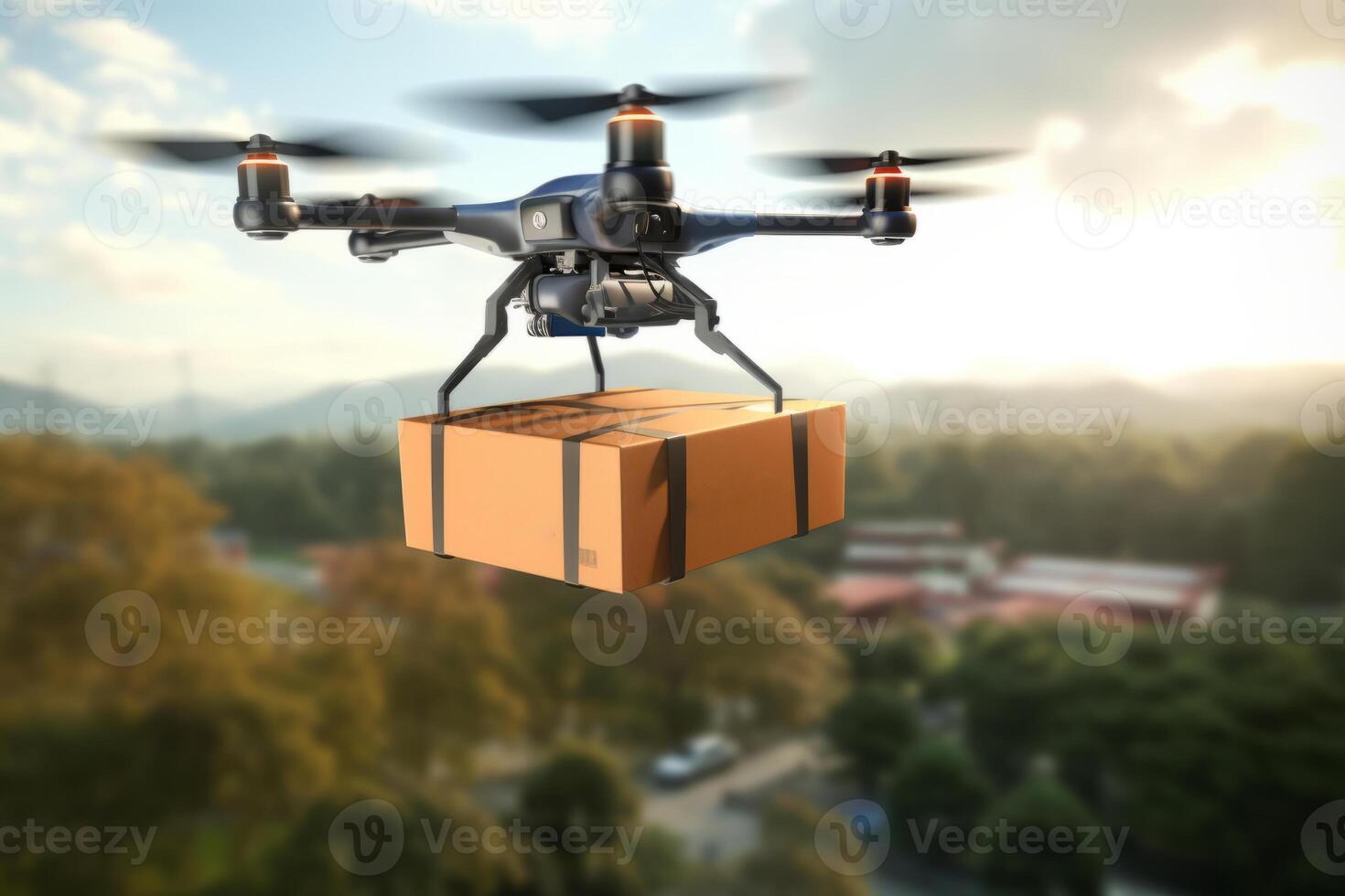 Futuristic Drone Delivery Revolutionizing Business Air Transportation with Unmanned Aircraft Robots, package flying through the air off a drone photo