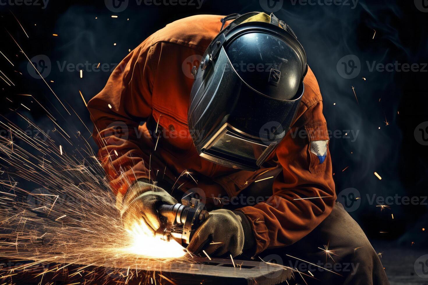 Welder Wearing Welding Gear with Sparks A Skilled Welder in the Industrial Setting with Bokeh and Sparkle Background, photo